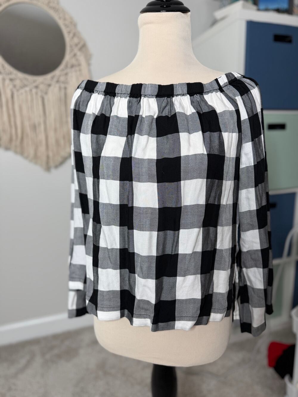 Anthropologie Cloth & Stone Black White Checkered Plaid Off-the-Shoulder Top M